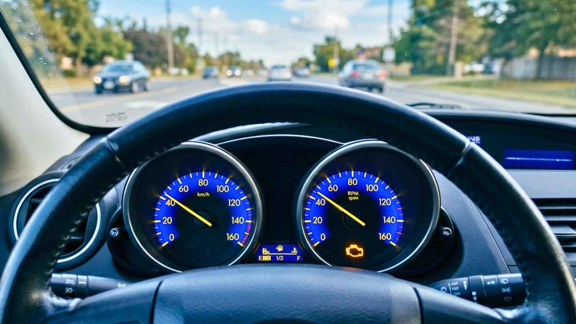 Tablero de auto con la luz del motor encendida en color naranja, señal de advertencia del sistema de inyección electrónica — Doctor Full Inyección, Santiago de Chile
